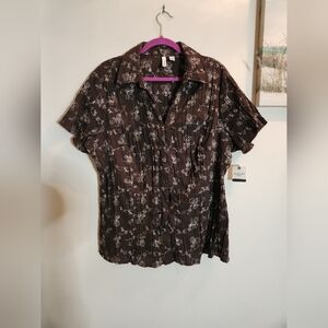 St John's Bay plus size floral stitched crepe top in brown 2X NWT